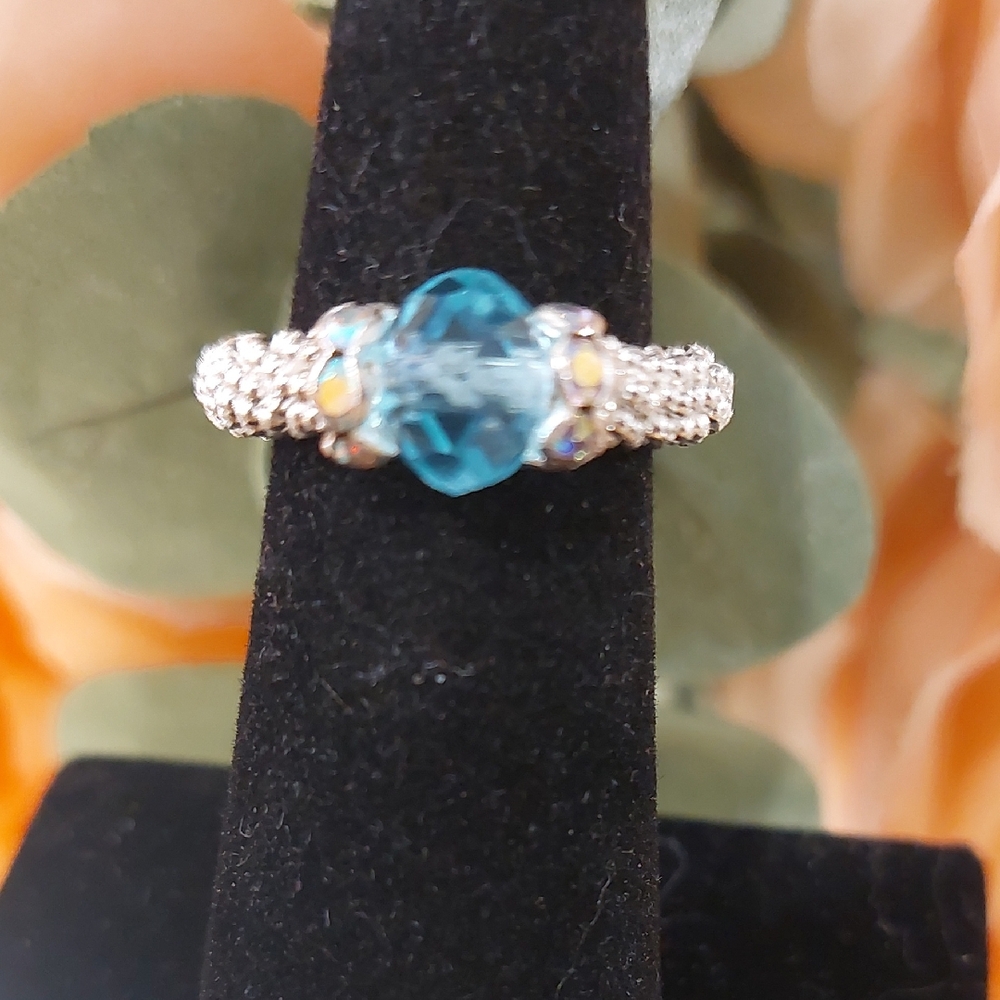 Aqua Crystal Handmade Beaded Ring - READ BELOW FOR CUSTOM SIZING 👇
